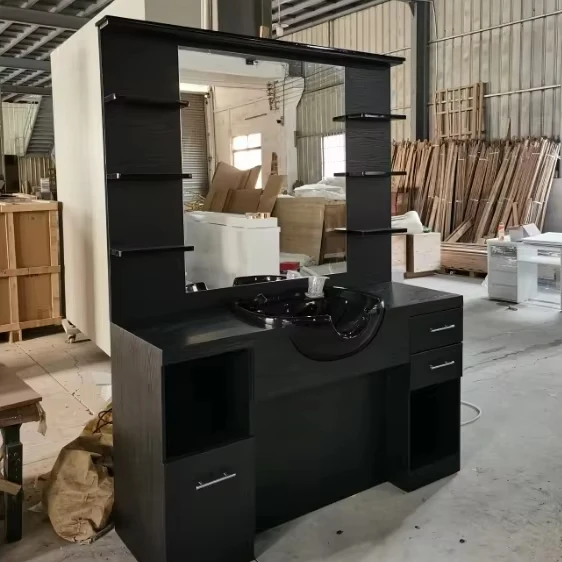 

Modern Mirror Station Barber Station Hair Salon Barber Shop Furniture Styling Station Black Shampoo Basin with Mirror