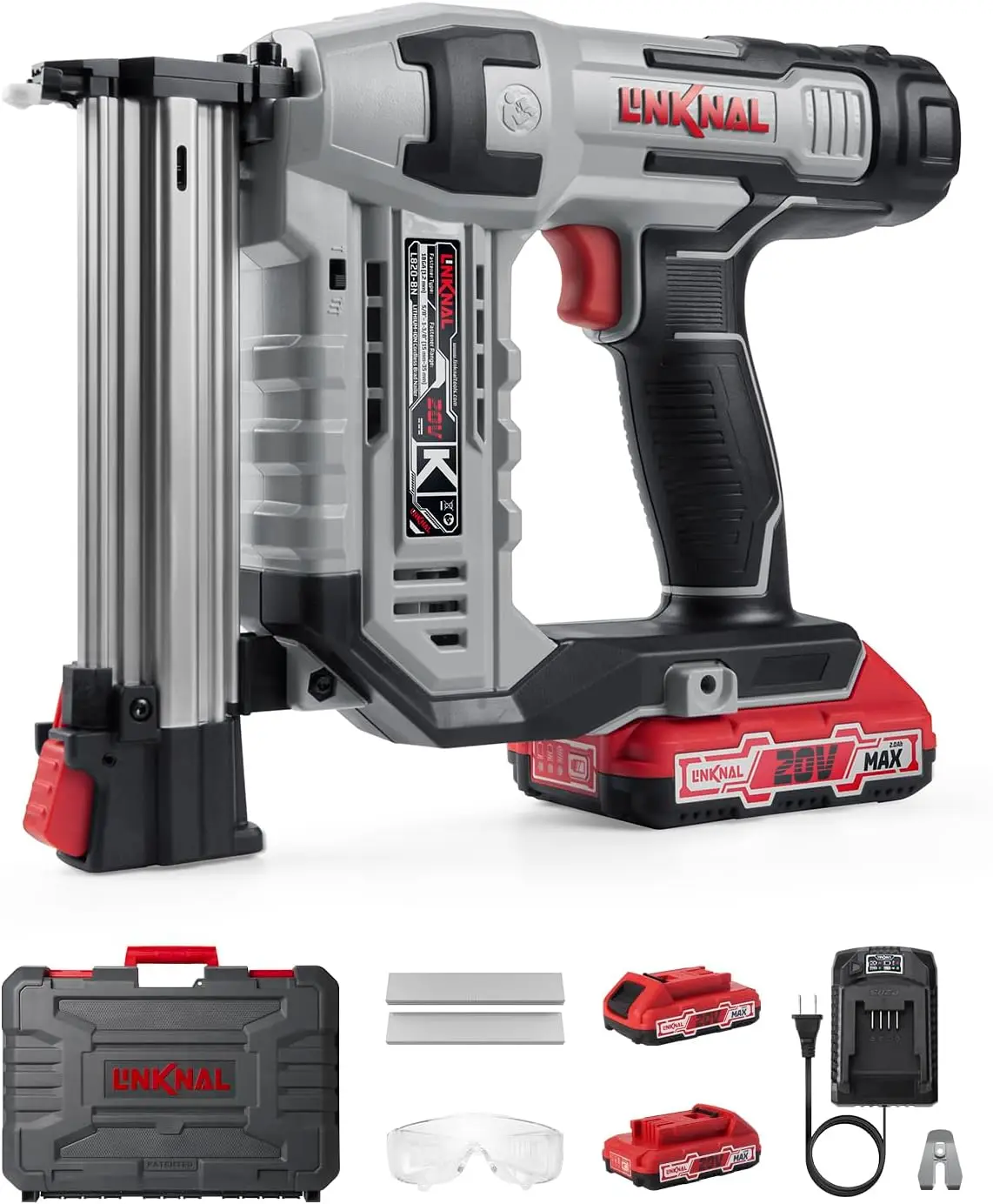 Electric Nail Gun, LINKNAL Cordless Brad Nailer Battery Powered,18 Gauge, 2×20V MAX Li-ion Batteries, Charger and 1000 Nails Inc