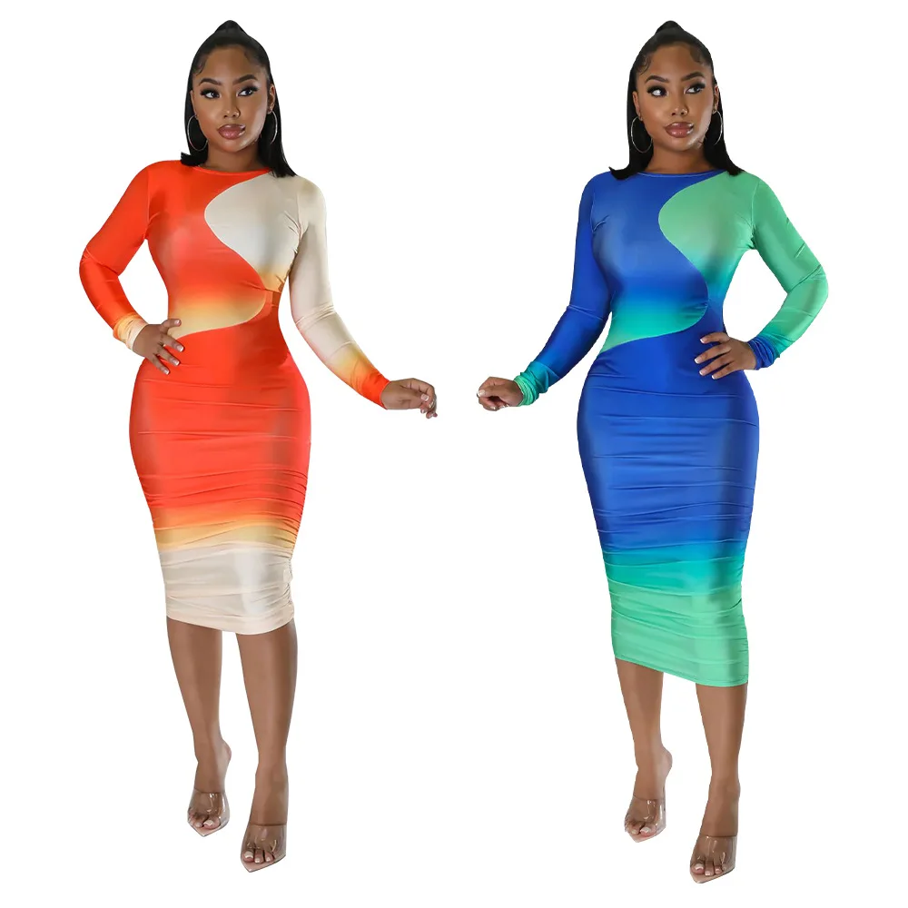 

SKMY Fall Outfits Women Party Dresses Long Sleeve Round Neck Fashion Tie-Dye Print Contrast Bodycon Pleated Dress 2024 New