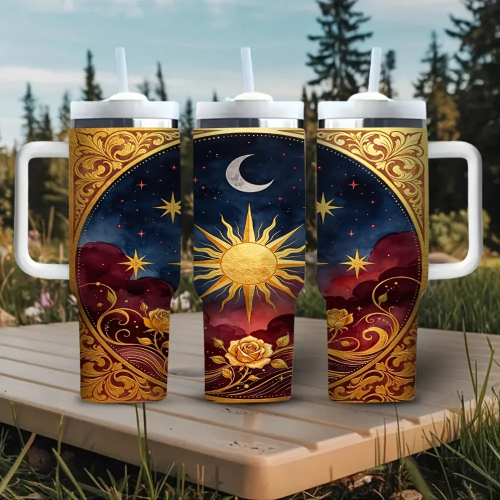 40Oz Tumbler with Handle, Featuring Beautiful Sun Moon Stars And Golden Rose Print, Suitable for Everyone for Daily Use And Outdoor Trips, It Works Perfectly for Both Hot And Cold Drinks