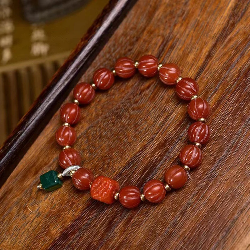 Natural beaded bracelet, single-loop Tibetan-style Buddhist beads, malachite and southern agate accessories, red b