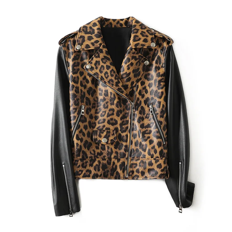 100% Real Leather Women Leopard Print Patchwork Jackets Tops 2025 New Short Lapel Zipper Slim fit Motorcycle Sheepskin Jackets