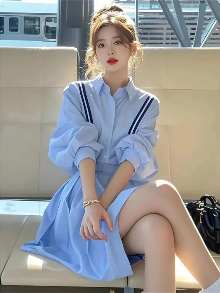 

Spring New plus Size Women's Blue irt Dr Korean Sle Slimming High Waist Mid-Length A-Line Skirt Casual Long Sve