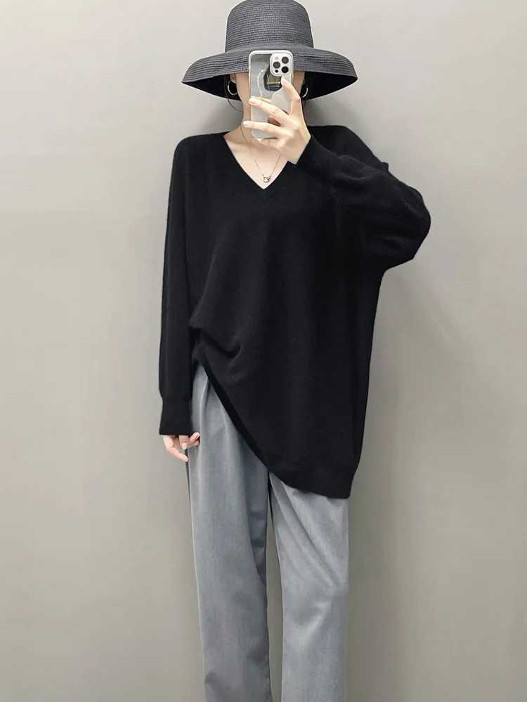 100% suéter de cachemira pura en otoño e invierno, suéter largo para mujer, vestido suelto con cuello en V y murciélago