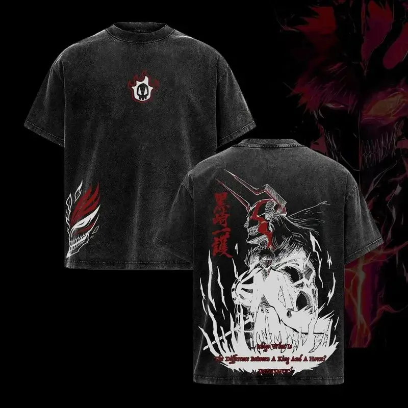 BLEACH Kurosaki Ichigo Manga Washed T-shirt Anime Oversized Streetwear Retro Men Women T Shirt Summer Short Sleeve Cotton Tees