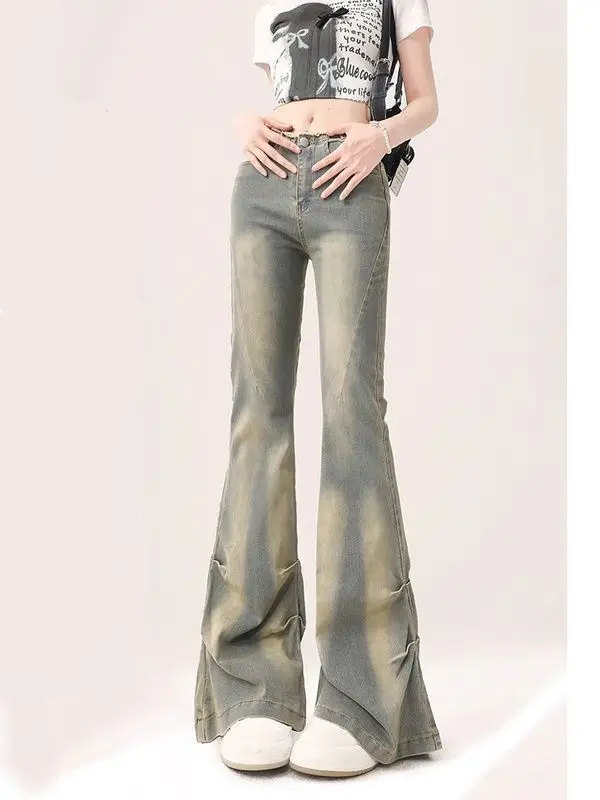 

American Vintage Low Rise Flared Jeans Women-Plus Size Raw Hem Bootcut Denim Pants Retro Streetwear