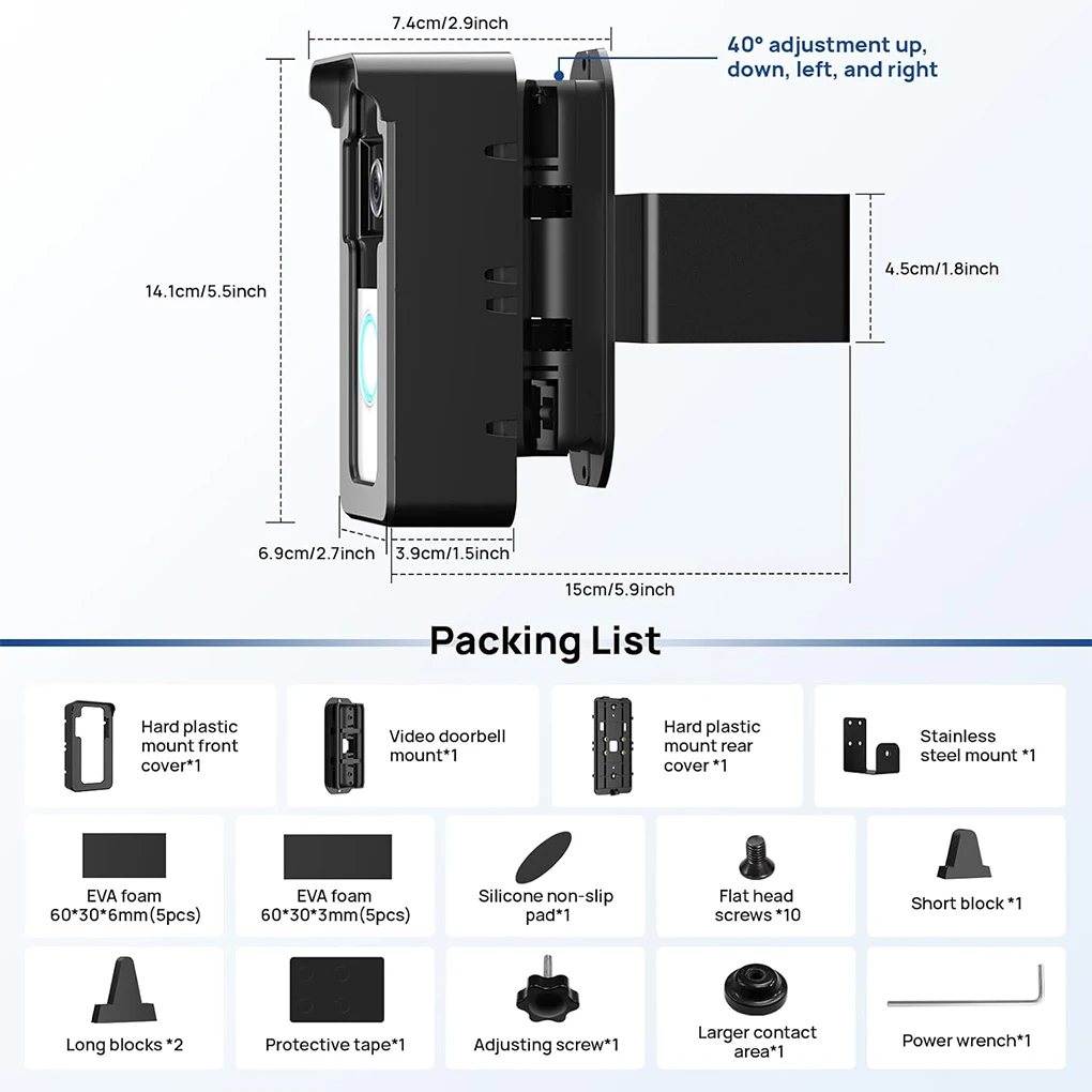 Durable No Drill Ring Doorbell Mount With Adjustable Base DIY Installation Ring Camera Door Mount