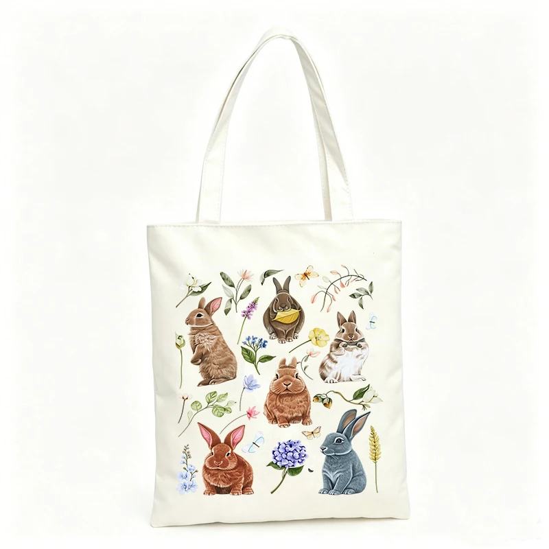 Women's canvas tote bag with rabbit and floral pattern, ideal for casual outings and daily use