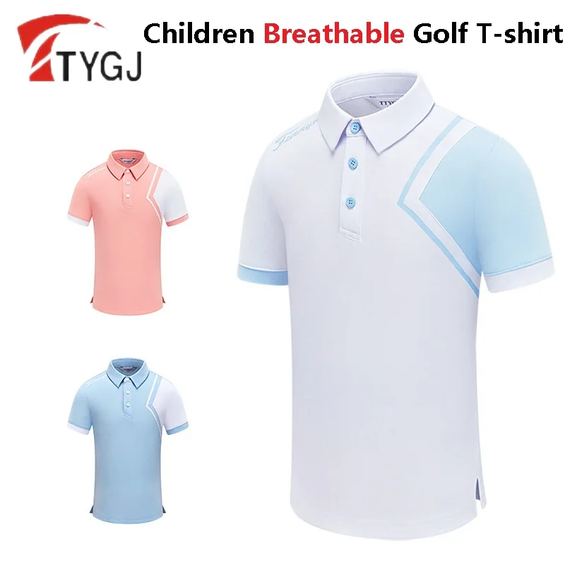 

TTYGJ Children Breathable Anti-sweat Golf T-shirt Boys Girls Elastic Short Sleeve Shirt Kids Patchwork Turn Down Collar Tops