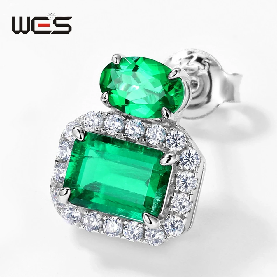 WES 925 Sterling Silver Crystal Stud Earrings for Woman With Lab Created Emerald Engagement Birthday Gift May Birthstone Jewelry