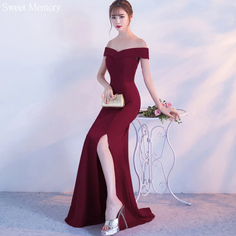 N190 Boat Neck Satin Prom Dresses Girls Princess Long Robe Sexy Woman Navy Blue Burgandy Red Whte Black Wedding Party Dress