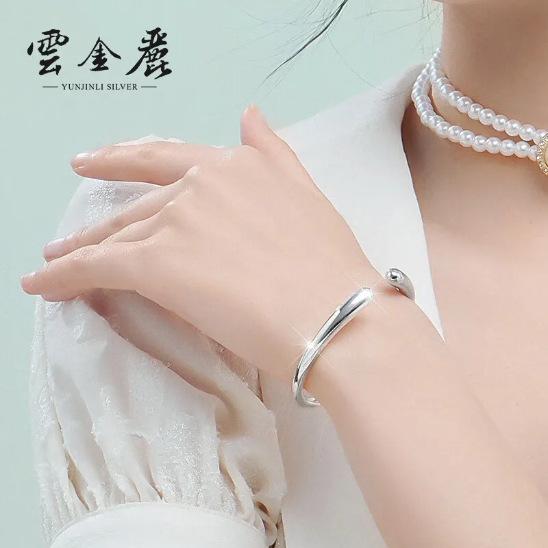 Yunjinli Silver Bracelet for Women European and American Personalized Smooth Opening Solid Simple 999 Pure Silver Bracelet Coupl