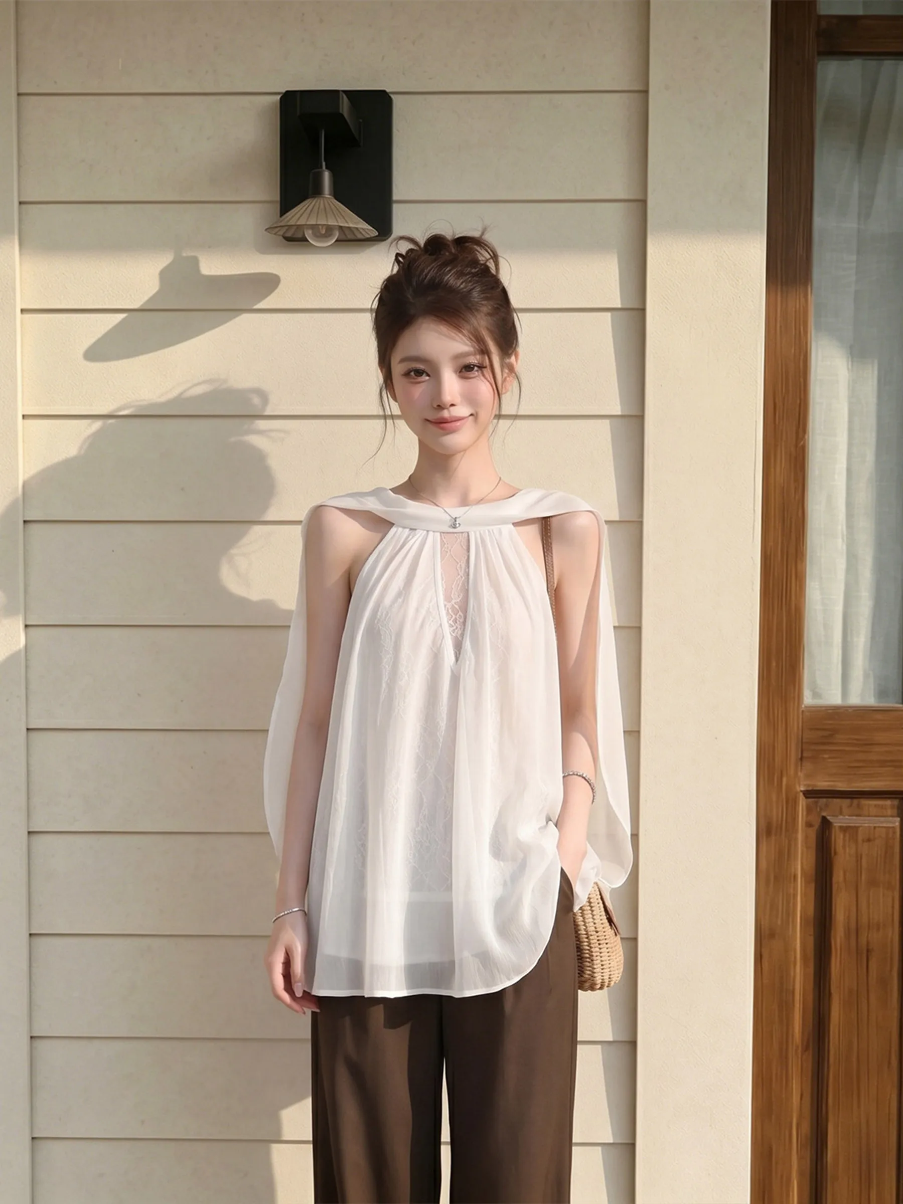 Slimming Hollow out Shoulder Bridesmaid Vest Women's Two-Sided Wear Summer New Style Breathable U-Neckline Fashionable Top