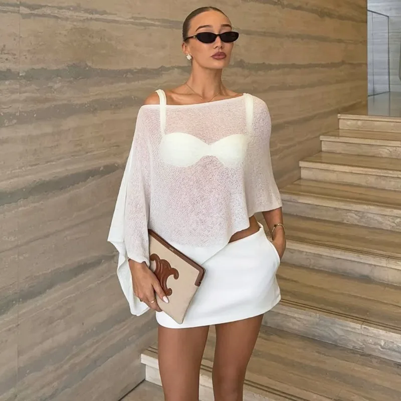 

Tuularose Women's Summer Shawl Fashion Casual Oversized Knit Beach Resort Shawl Pullover Solid See-Through Lace-Up New Women Top