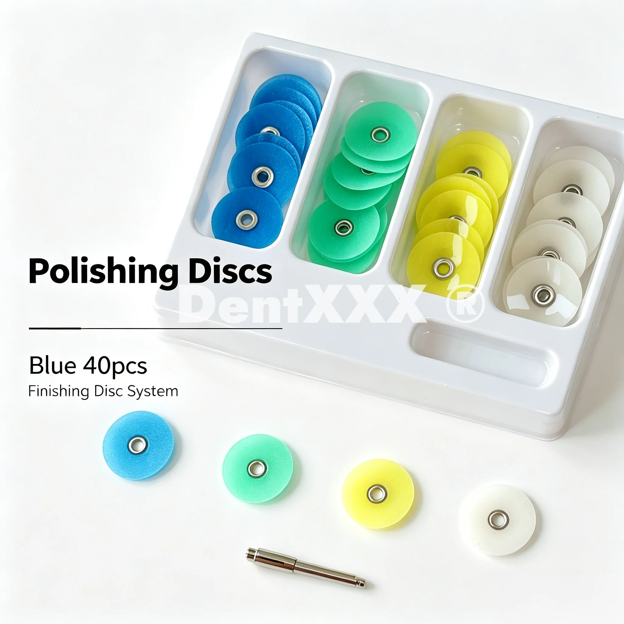 40Pcs 14mm Polishing Discs Assorted Kit with Mandrel – Color-Coded Blue/Green/Yellow/White for Gross Reduction, Contouring, Fini