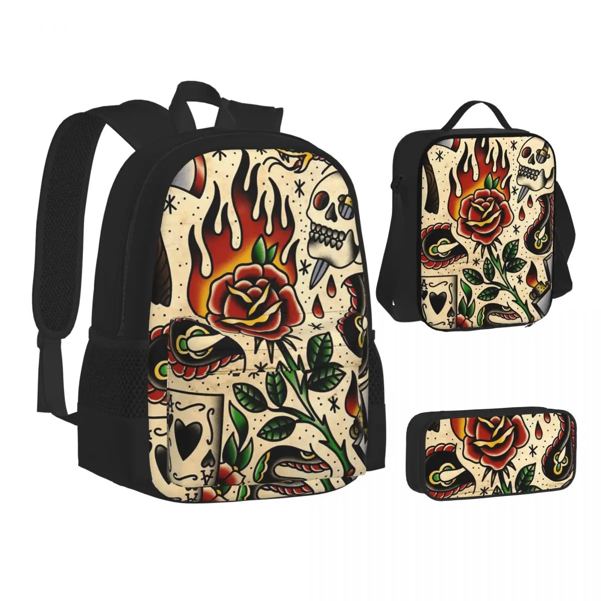 

American Traditional Flash Pattern Tattoo BackpacksStudents School Bags Kids Rucksack Lunch Bag Pen Bag Three-Piece Set