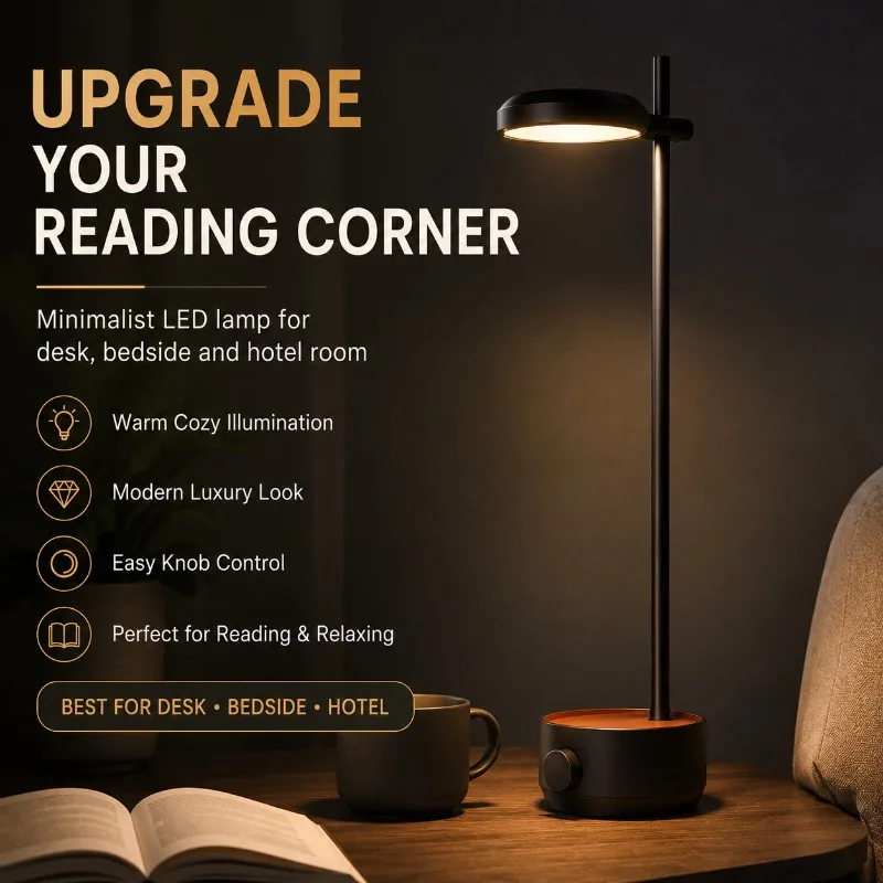 Modern Minimalist LED Reading Desk Lamp Dimmable with Rotary Knob Switch for Hotel Room Study Office Table Warm Lighting