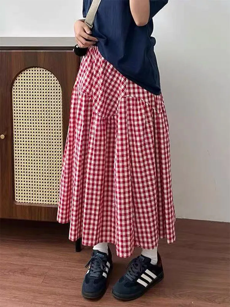 

Красная клетчатая юбка-миди трапециевидной формы, женская большие размеры, скрывает живот, высокая талия, корейская юбка-стойка для поездок на работу, летняя коллекция
