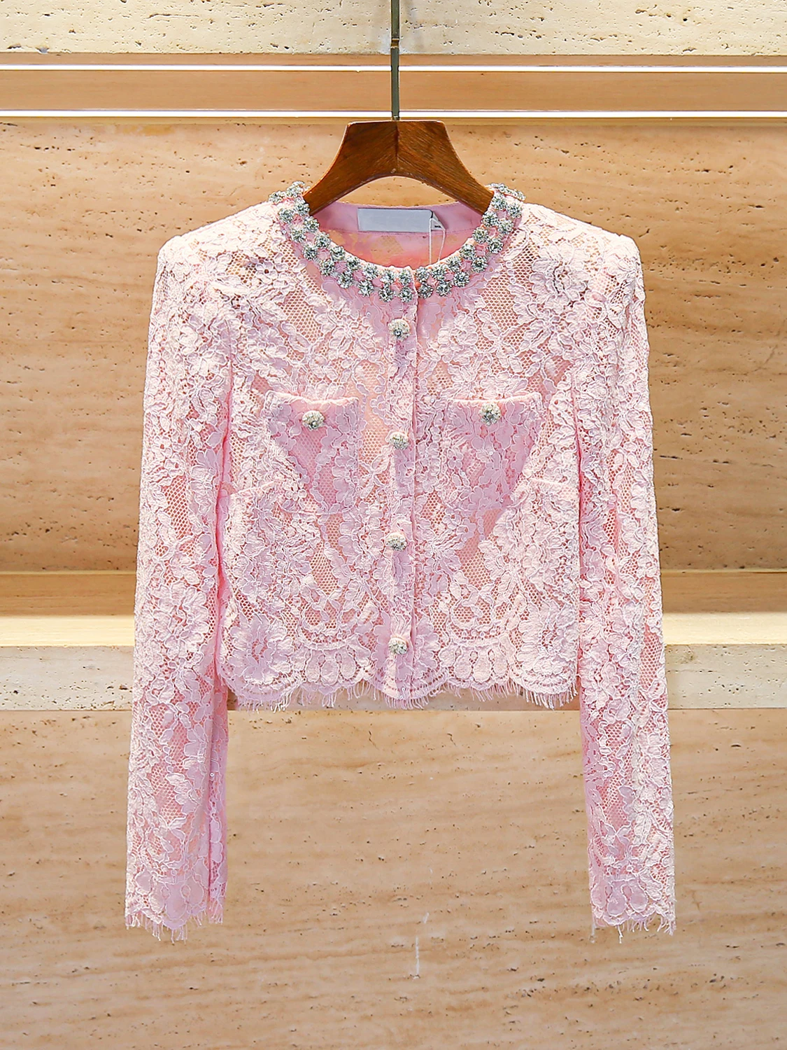 Heavy Embellished Short Lace Jacket for Women Diamond Embedded Fashionable Commute Style Straight Cut Long Sleeve round Neck