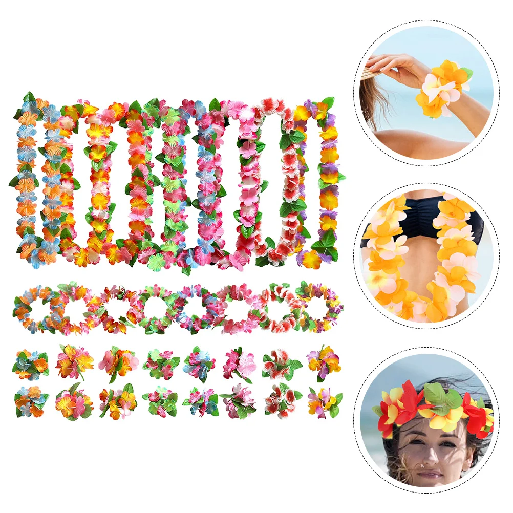 

1Set Hawaiian Party Supplies Realistic Flower Leis Headband Wristband Set for Summer Beach Festival Decoration