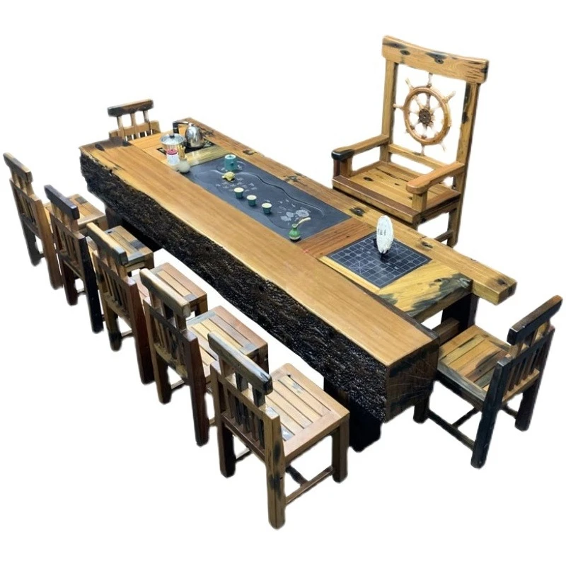 

Old boat wood tea table and chair combination solid wood living room small coffee table office antique tea