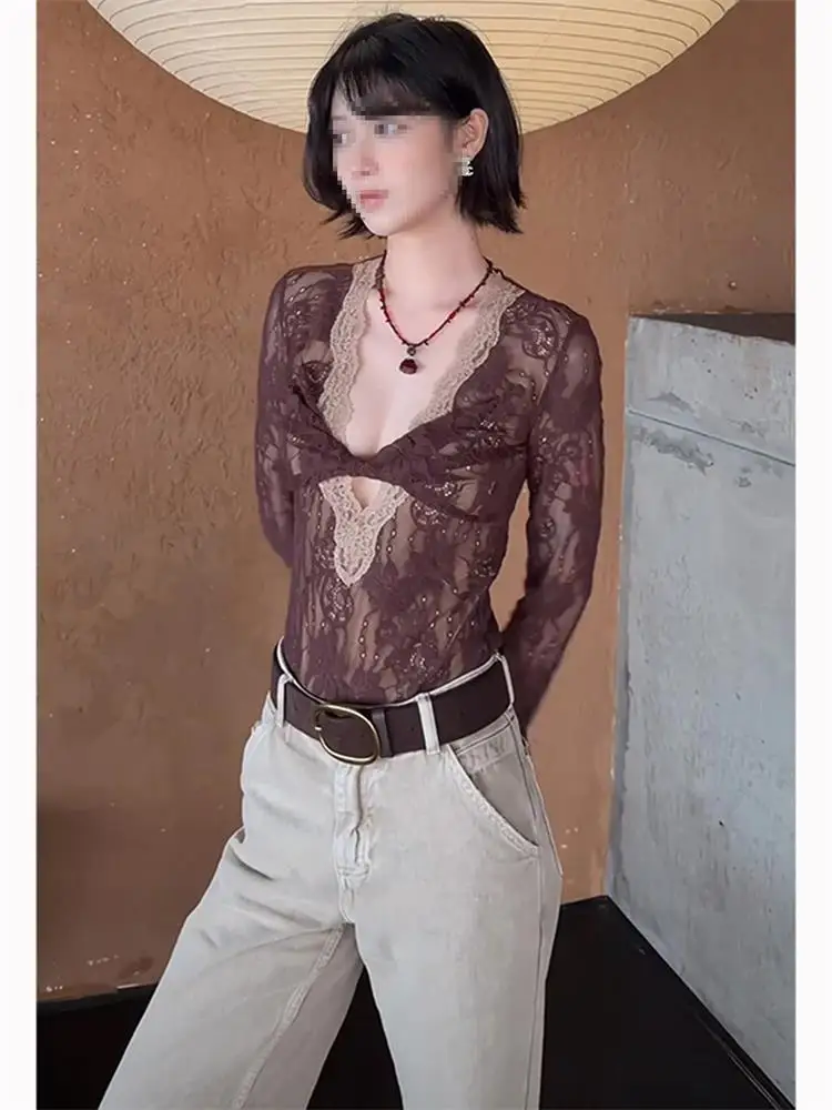 Sexy Lace Trim Bell Sleeve  Suit Low Chest Thin Micro Translucent Body Shape Show off Sweet And Spicy Internet Famous