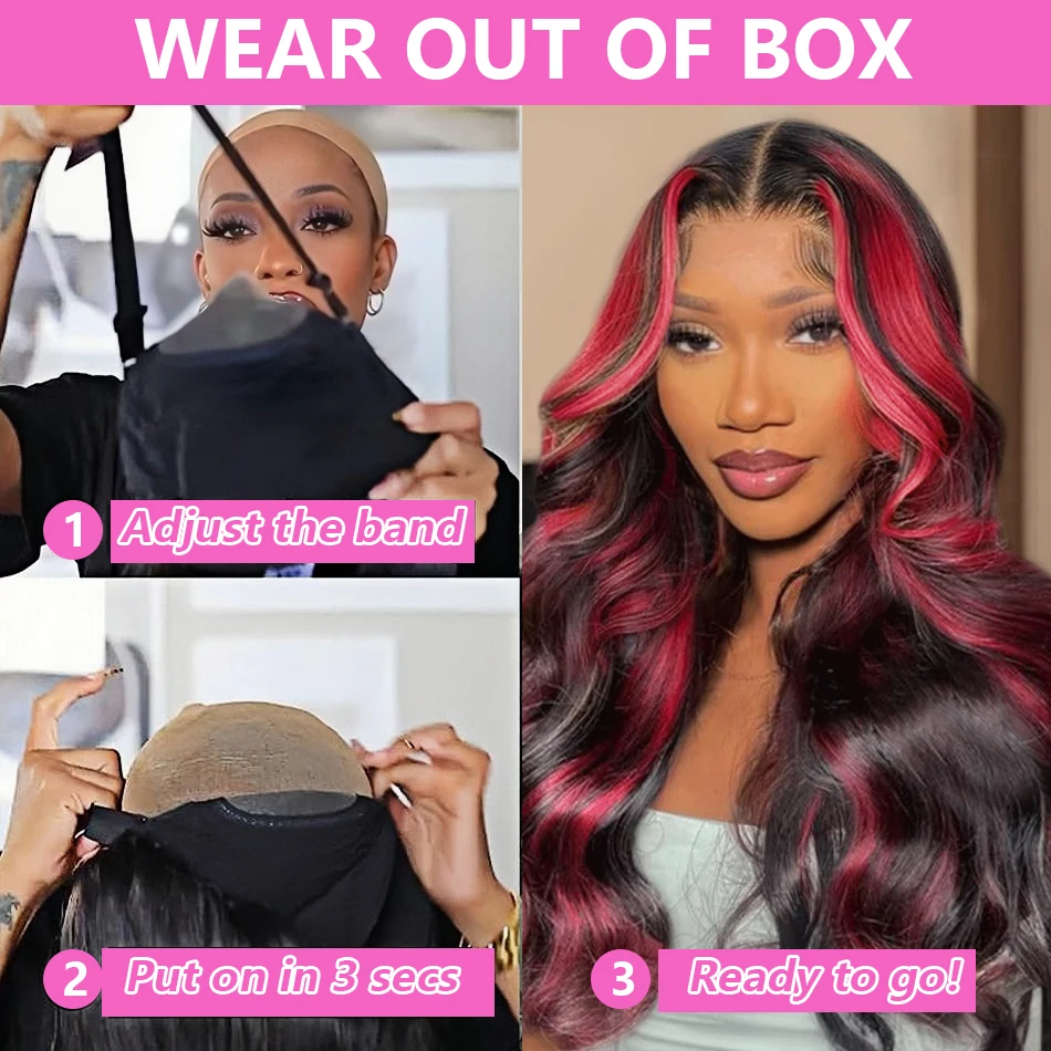 Ombre Red With Blonde Highlights Body Wave 5x5 Glueless Wigs Human Hair Burgundy for Women Pre Plucked 200 Density Colored Wig image 5