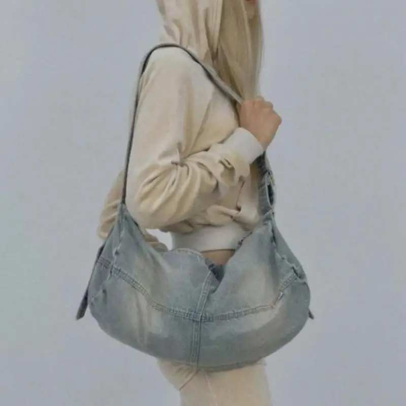 

2026 Новая американская джинсовая холщовая женская сумка в стиле ретро, простая и повседневная, универсальная, большая вместительная, модная сумка через плечо на одно плечо