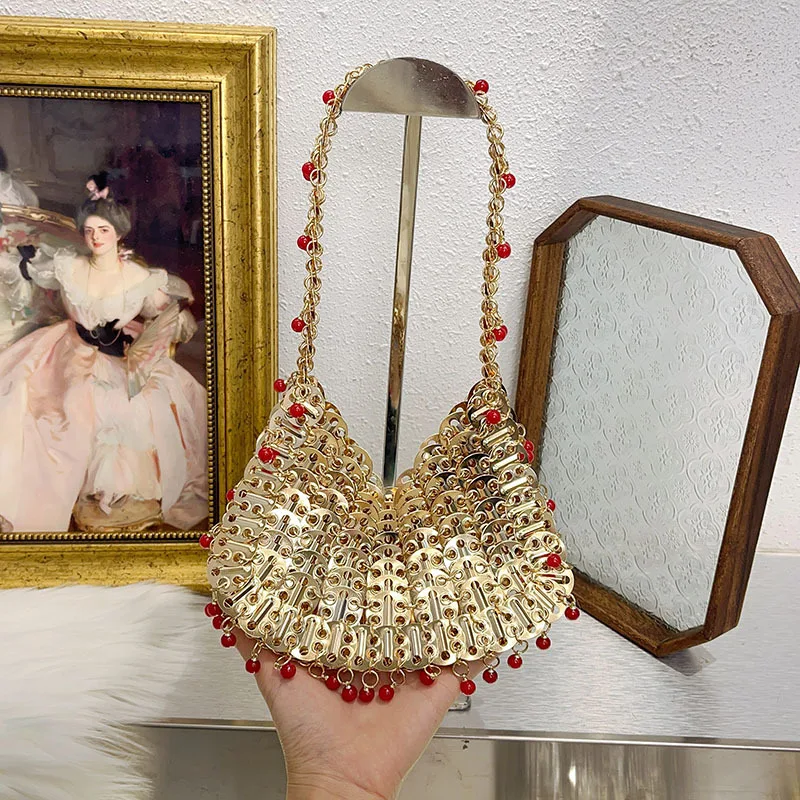 

Fashionable metal fabric handbag, dinner bag, sequin pattern, red pearl decoration, wedding party