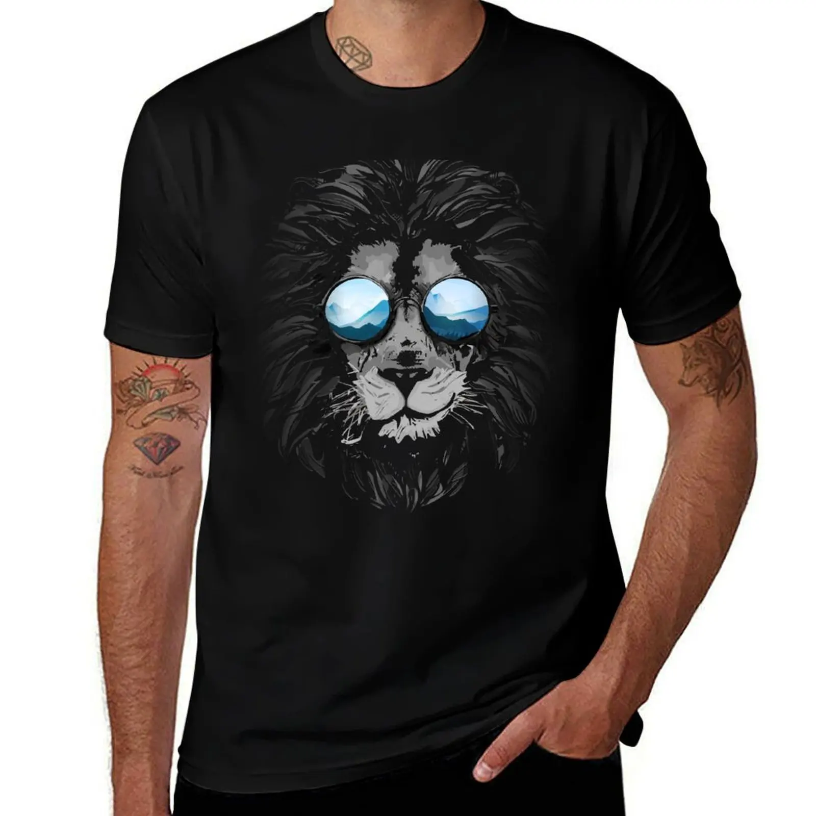 Lion Sunglasses Mountains Mountain Landscape Cool Wild Cat Africa Style T-Shirt Water Resistant Casual T-Shirt