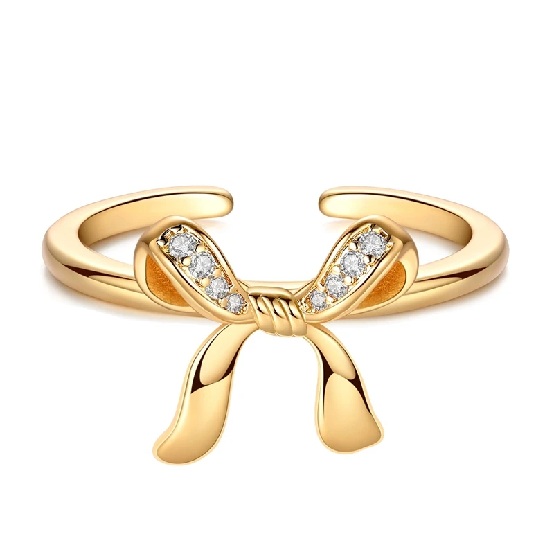 2026 New 925 Sterling Silver Golden Sparkling Bow Ring For Women Fashion Exquisite Birthday Anniversary Jewelry Gifts