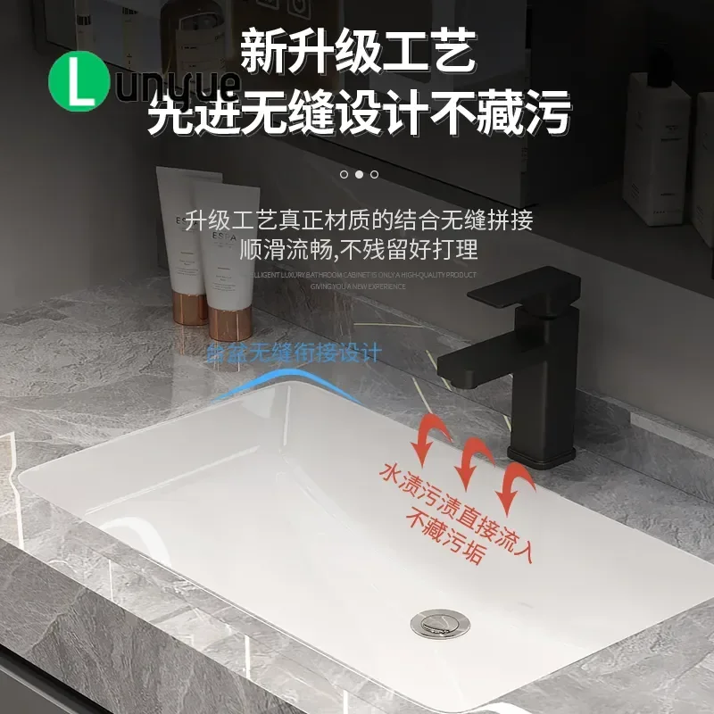 Rock Slab Bathroom Vanity Cabinet Ceramic Integrated Basin Seamless Wash Table Modern Light Luxury Style for Home Bathroom