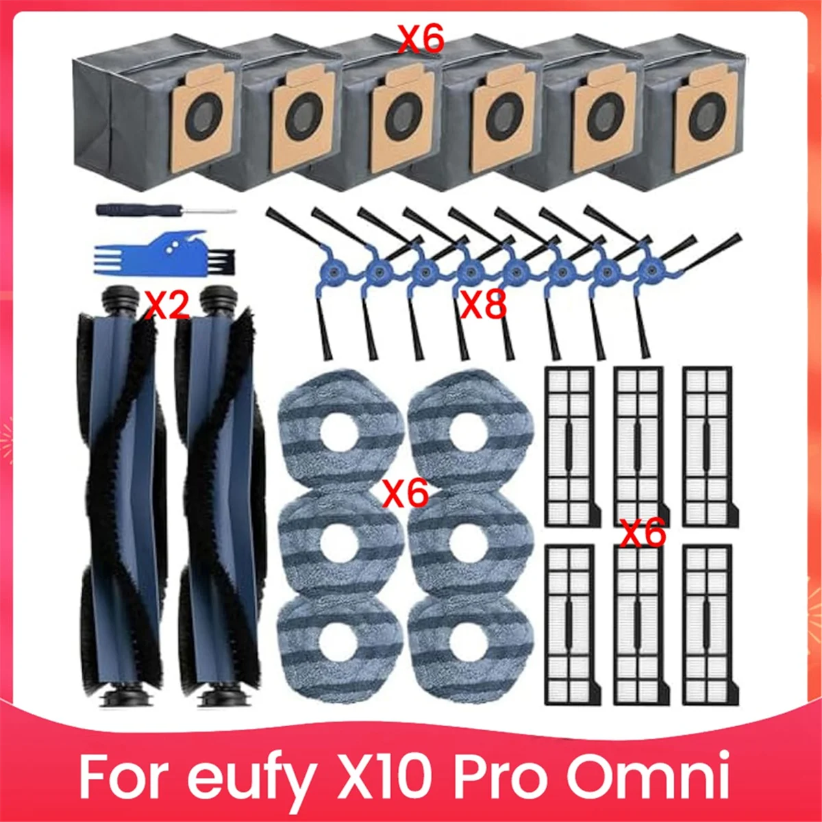 

ABUA Replacement Parts for X10 Pro Omni Robot Vacuum,2 Roller Brushes,8 Side Brushes,6 HEPA Filters,6 Mop,6 Dust Bags