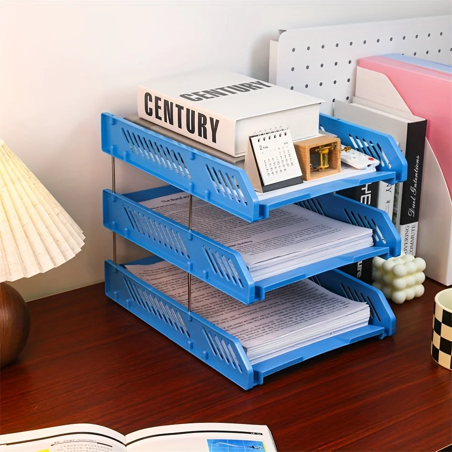 3‑Tier Expandable Desktop File Organizer, Stackable Detachable Blue PP Plastic Shelf for Office Document Sorting Storage