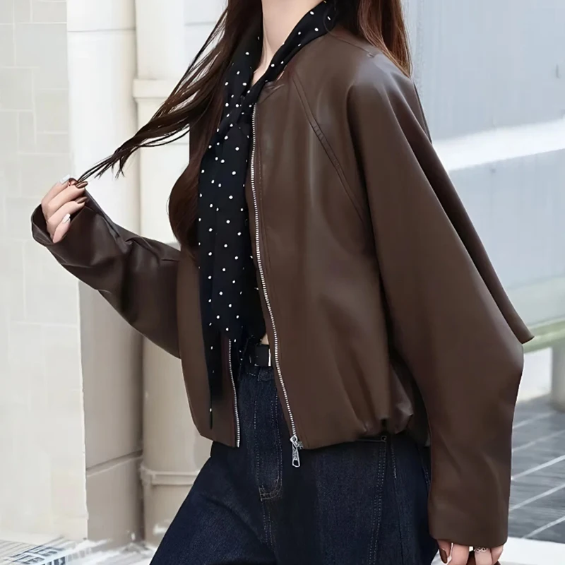 المرأة الكورية بولي Leather سترة جلدية وشاح حريري أنيق الخريف الشتاء معطف الشارع عادية Batwing كم س الرقبة أبلى Harajuku Y2K #4