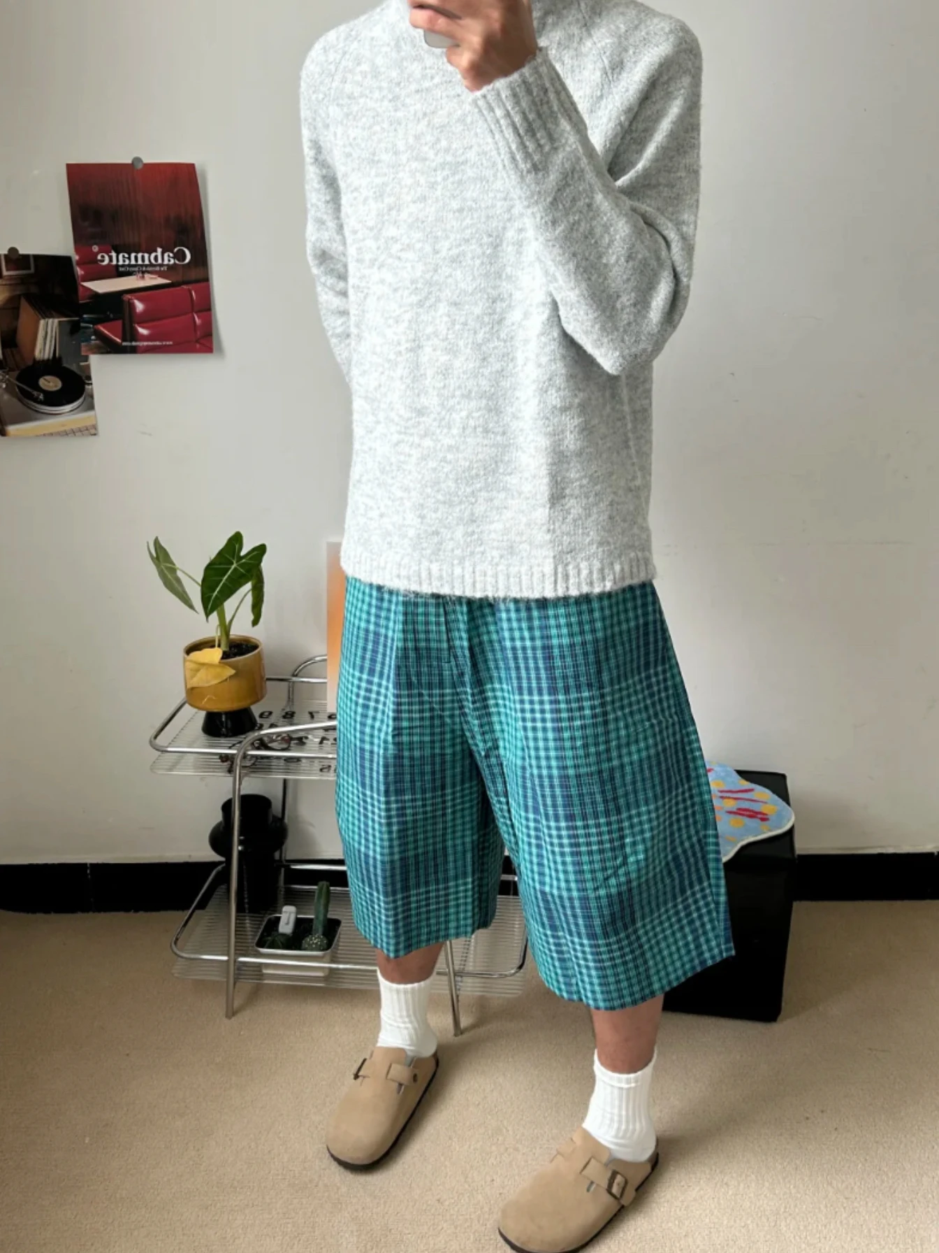 

American Retro Blue Plaid Men's Loose Straight Leg Summer Casual Color Blo Five-Quarter Mid-Pants Trendy Brand orts