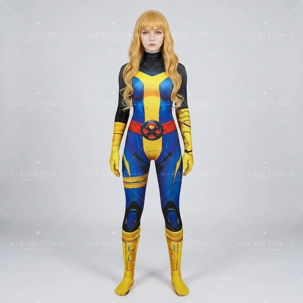 Marvel Rivals Magik Cosplay Zentai Bodysuit, Blue Yellow Armor Print Jumpsuit, Women Superhero Costume for Halloween Comic Con view 3