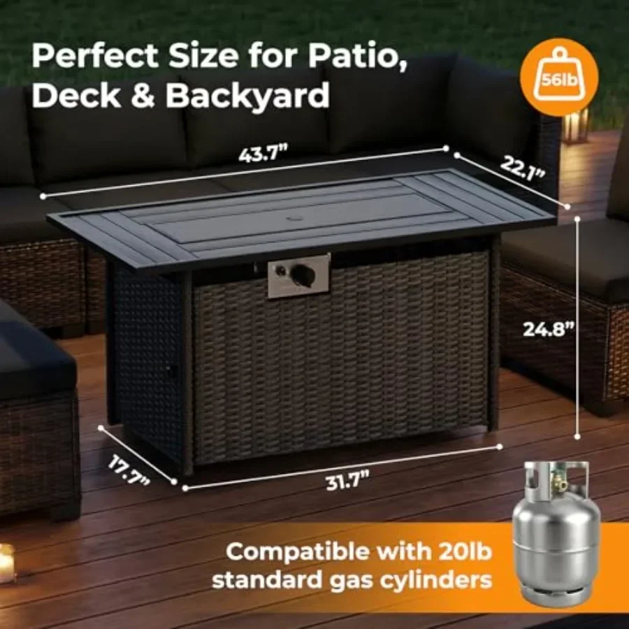 Outdoor Propane Fire Pit Table for Patio, Garden, Backyard; Black Steel; 44-inch Rectangle; 50000 BTU, CSA-listed, Waterproof C
