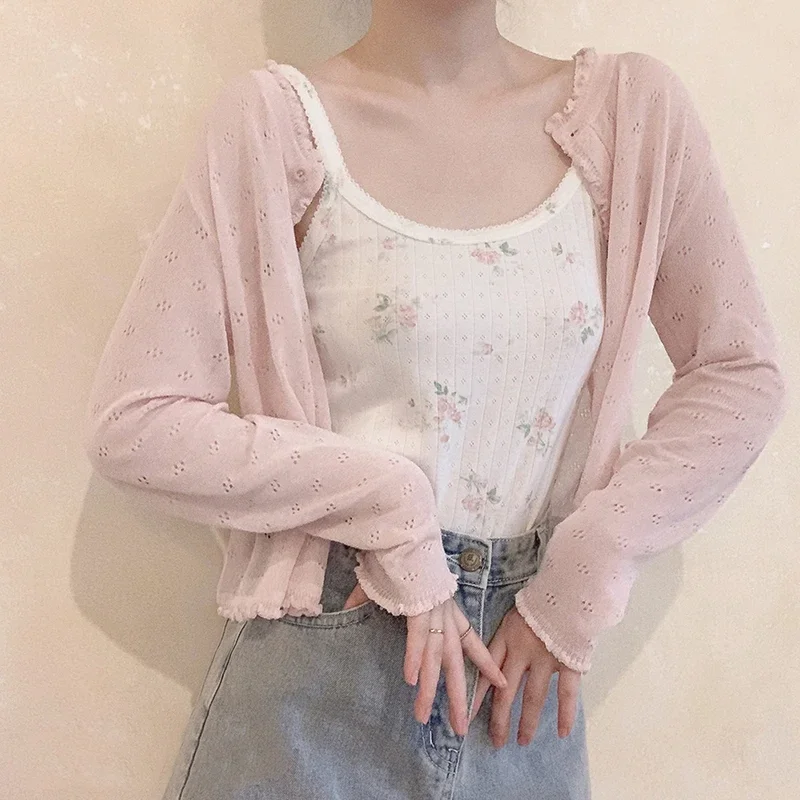 Cute 2 Piece Tops Women Summer 2023 Cardigans and Crop Tops for Sweet Girls Floral Cat Print Kawaii Clothes