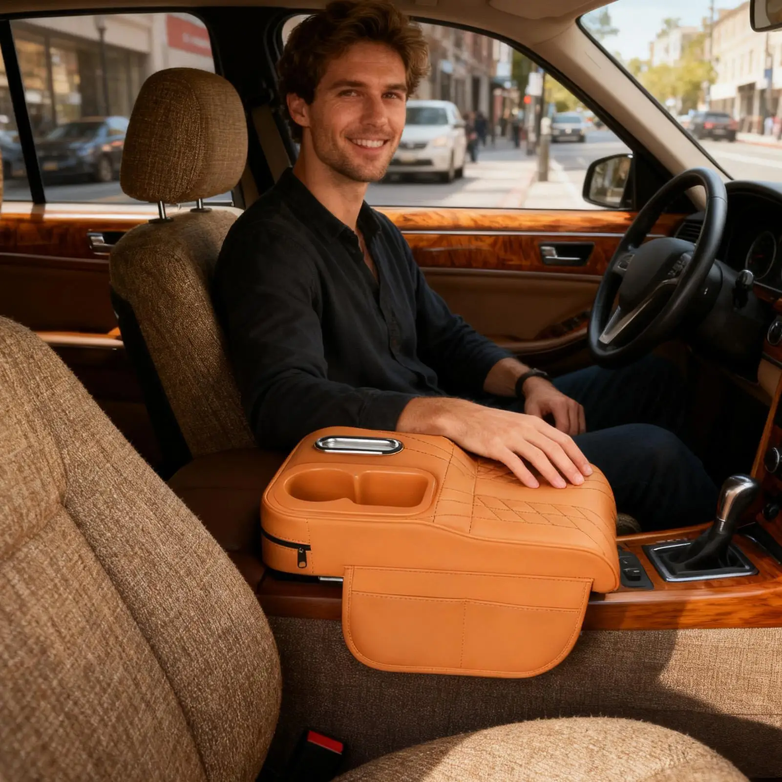 

Чехол на подлокотник для автомобиля, искусственная кожа с боковыми карманами, подстаканник для центральной консоли автомобиля, грузовика, седана, минивэна