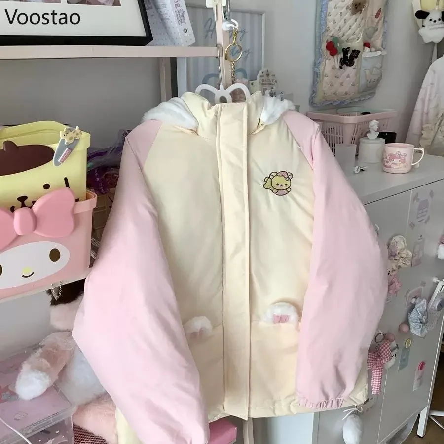 Kawaii Winter Cartoon Embroidery Lolita Parkas Women Y2k Cute Bear Ears Hooded Jacket Casual Zippers Loose Harajuku Padded Coat