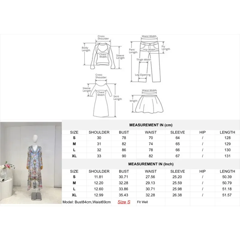 2025 New Style High Quality Silk Blue Rose Floral Print Long Sleeve Loose Midi Dress for Holiday