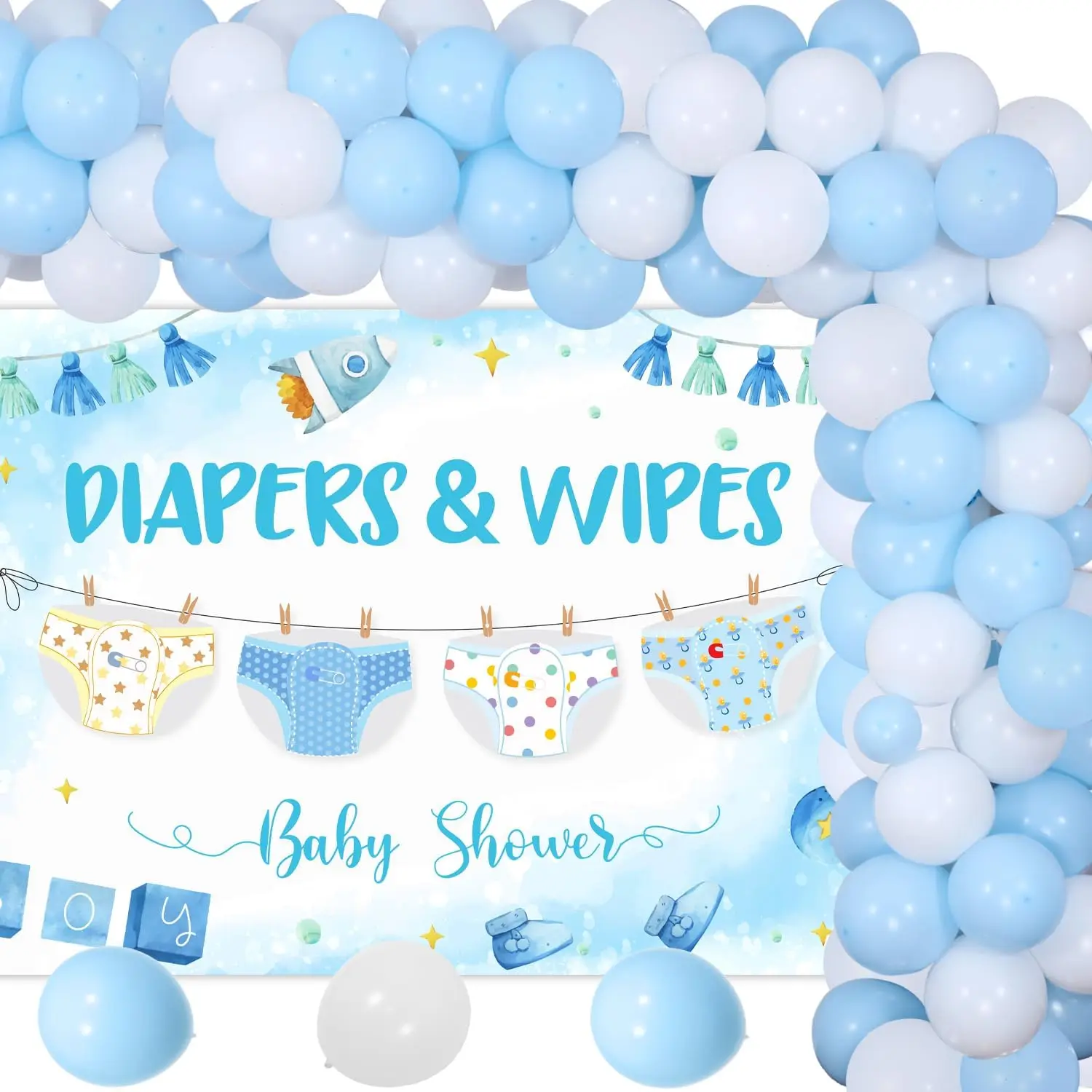 Joymemo Diapers and Wipes Theme  Party Decorations Blue and White Diaper Theme Banner for Boys Baby Shower Party Decor Supplies