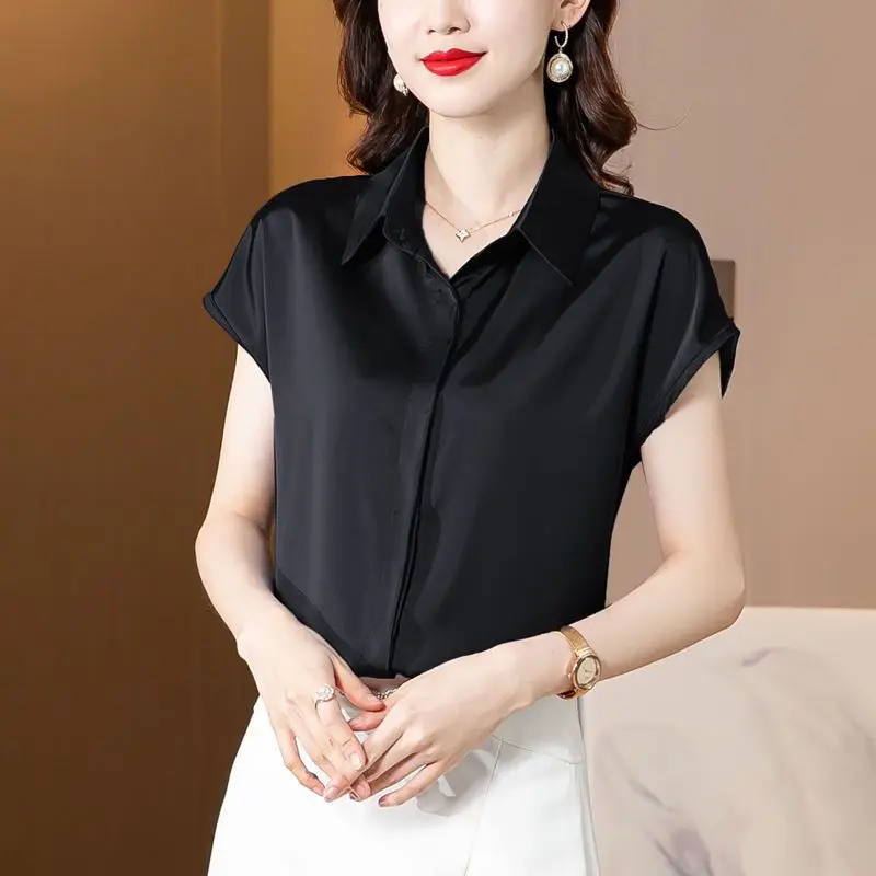 Women Clothing Temperament Solid Color Loose Blouse Summer New Short Sleeve Polo Neck Thin Elegant Shirt Tops Fashion Office