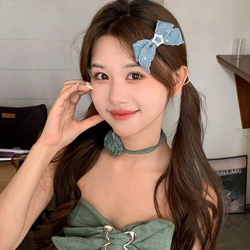

2 Pcs Women's Barrettes Set Denim Bow Star Rhinestone Fashion Korean Headwear Hair Clips For Girl Hair Accessory Y2k Sweet Cool