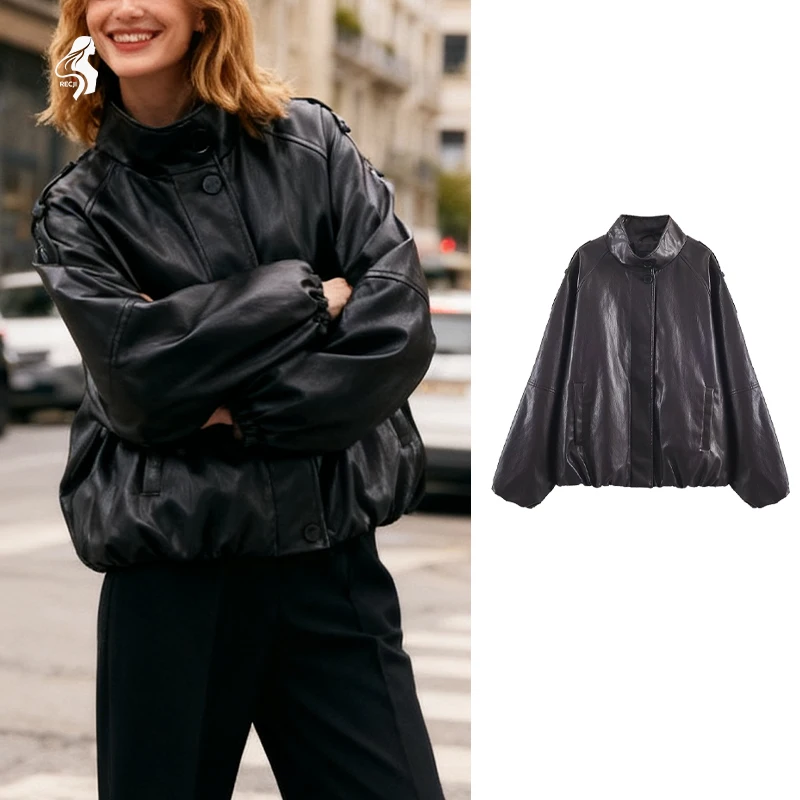 

Womens Faux Leather Stand Collar Jacket With Epaulets Lantern Sleeves Gathered Hem Loose Short Work Jacket Woman Clothes Tops