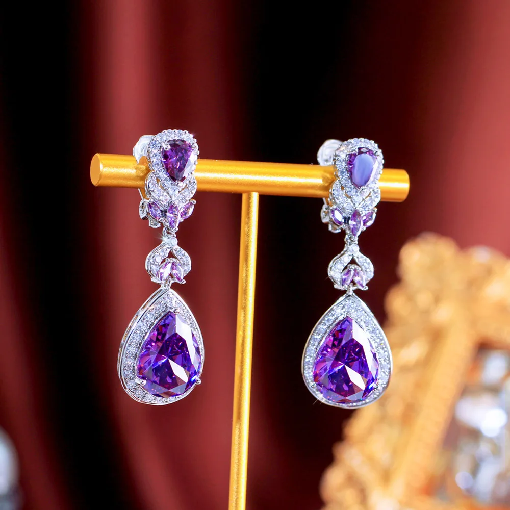 CWWZircons Bezaubernder lila Wassertropfen-Ohrclip mit Zirkonia-Besatz, Ohrringe ohne Ohrloch für Damen, Abendparty-Schmuck EJ0045 – Detail 8
