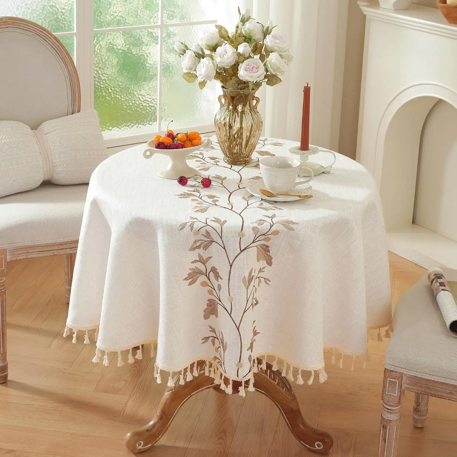Cotton Linen Table Cover Farmhouse Round Tablecloth Tassel  for Kitchen Dining Party Tabletop Decor Accessorie Jacquard Pattern
