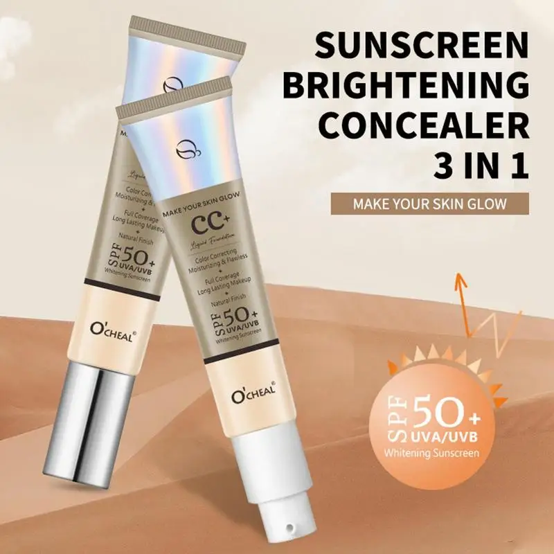 CC Cream With SPF 50 Hydrating 3 In 1 Sunscreen Lightweight Foundation Moisturizing Brightening Face Concealer Makeup