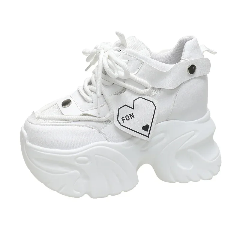 Baskets à Talons Épais de 9.5cm pour Femme, Chaussures Confortables et Décontractées, en Cuir, pour Printemps et Automne